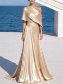 Elegant Asymmetric One Shoulder Pleated Draped Maxi Dress