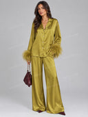 Elegant Satin Feather-Trim Flared Sleeve Two-Piece Set
