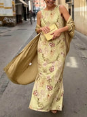 Elegant Botanical Print Sleeveless Midi Dress Two-Piece Set