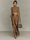 Elegant Turtleneck Crop Sweater & Satin Maxi Skirt Set
