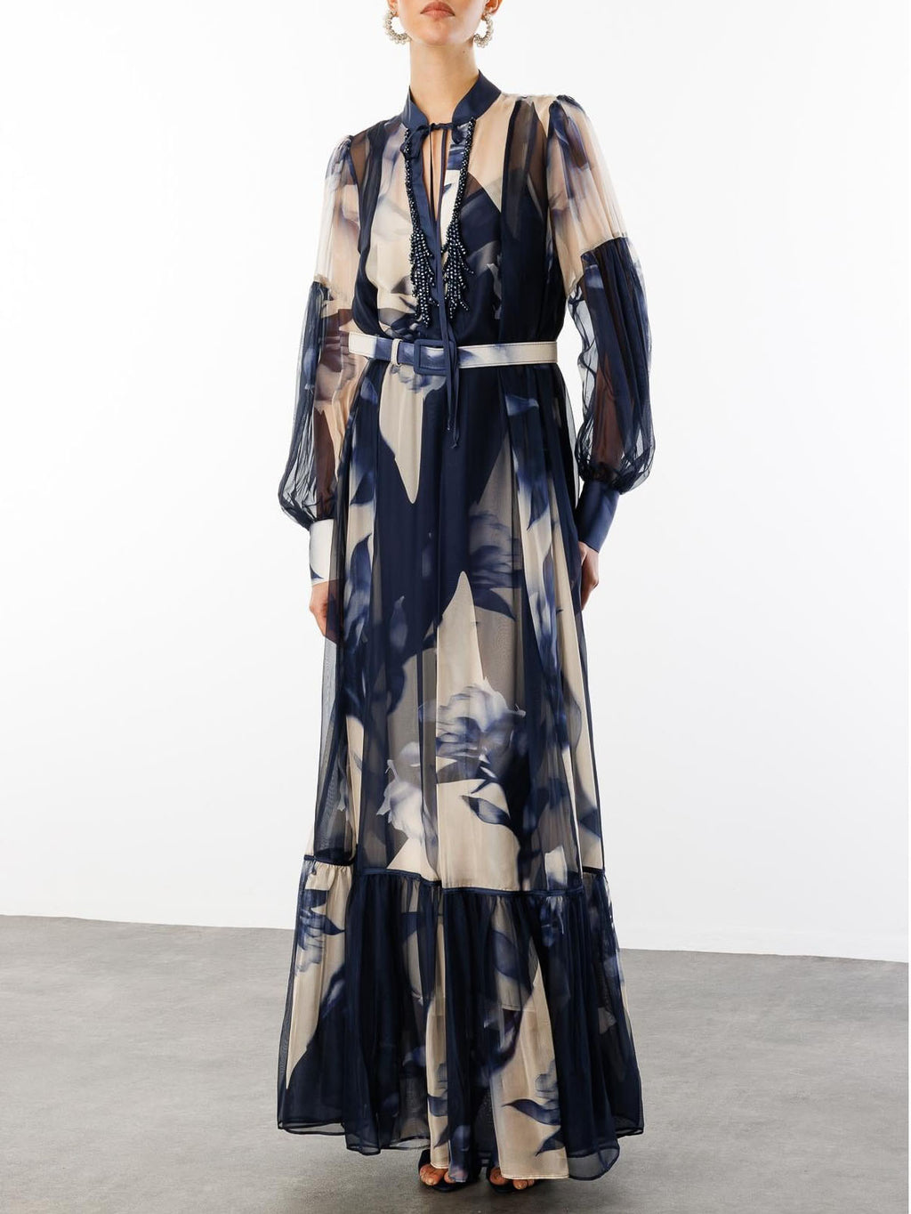 Elegant Abstract Floral Print Sheer Chiffon Maxi Dress
