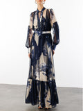 Elegant Abstract Floral Print Sheer Chiffon Maxi Dress