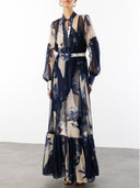 Elegant Abstract Floral Print Sheer Chiffon Maxi Dress
