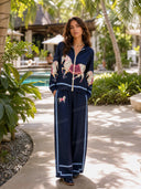 Exquisite Satin Horse Print Zip Jacket & Wide-Leg Pants Two-Piece Set