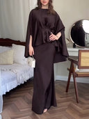 Satin Cape Sleeve Peplum Mermaid Maxi Dress Set
