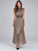 Elegant Pleated Mock Neck Relaxed Maxi Dress