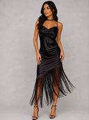 Elegant Ivory Fringe Cowl Neck Midi Dress