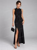 Elegant High Neck Belted Slit Maxi Dress