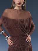 Elegant Ruched Draped Mesh Maxi Dress