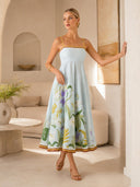 Unique Floral Print Linen Midi Dress