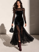Velvet Mesh Polka Dot Long Sleeve Maxi Dress