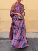 Retro Tie Dye Satin Sleeveless Maxi Dress Two Piece Set