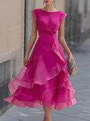 Elegant Organza Pleated Waist Ruffle Midi Dress