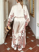 Retro Floral Print Satin Blouse & Wide-Leg Pants Two-Piece Set