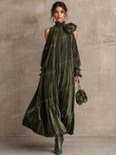 Pleated Velvet Cold Shoulder Floral Maxi Dress