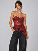Strapless Lace Corset Top & Wide Leg Pants Two Piece Set