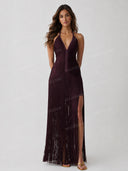 Elegant Halter Fringe High Slit Maxi Dress