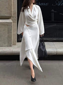 Minimalist Knit Top & Asymmetrical Button Skirt Two-Piece Set