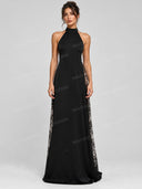 Elegant Halter Neck Lace Panel Maxi Dress
