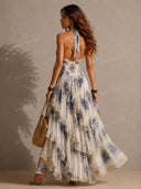 Boho Floral Halter Lace-Up Ruffle Maxi Dress