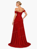Glamorous Off-Shoulder Sequin Slit Maxi Dress