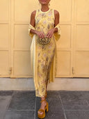Elegant Botanical Print Sleeveless Midi Dress Two-Piece Set
