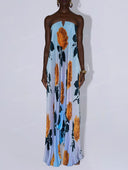 Elegant Floral Print Strapless Pleated Maxi Dress