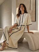 Minimalist Beige Linen Black Piping Midi Dress
