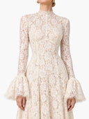 Elegant High Neck Floral Lace Flare Sleeve Maxi Dress