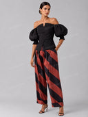 Elegant Puff Sleeve Top & Striped Harem Pants Two-Piece Set