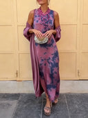 Retro Tie Dye Satin Sleeveless Maxi Dress Two Piece Set