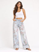 Floral Print Wide Leg Cuffed Jeans