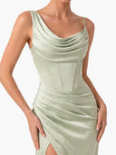 Elegant Satin Asymmetric Draped Neck Waist-Cinched Maxi Dress