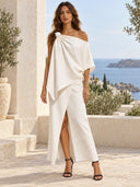 Off-Shoulder Top And Slit Skirt Suit