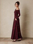 Asymmetric Off Shoulder Ruched Long Sleeve Maxi Dress