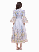 Retro Garden Print Flared Sleeve Midi Dress