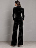 Elegant Velvet Belted Blazer Wide Leg Jumpsuit
