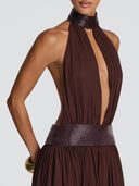 Elegant Halter Neck Sequin Chiffon Maxi Dress