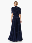 Elegant High Neck Pleated Cape Sleeve Maxi Dress
