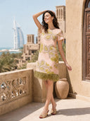 Elegant Printed Feather-Trim Fringe Hem Satin Mini Dress