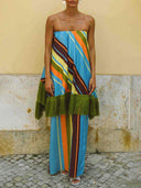 Colorful Striped Fringe Strapless Maxi Dress