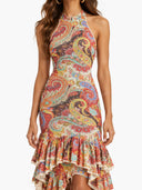 Colorful  Paisley Print Ruffled Hem Halter Midi Dress