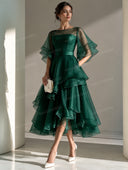 Elegant Emerald Green Sheer Ruffle Midi Dress