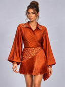Elegant Sequin Fringe Wrap Top & Mini Skirt Set
