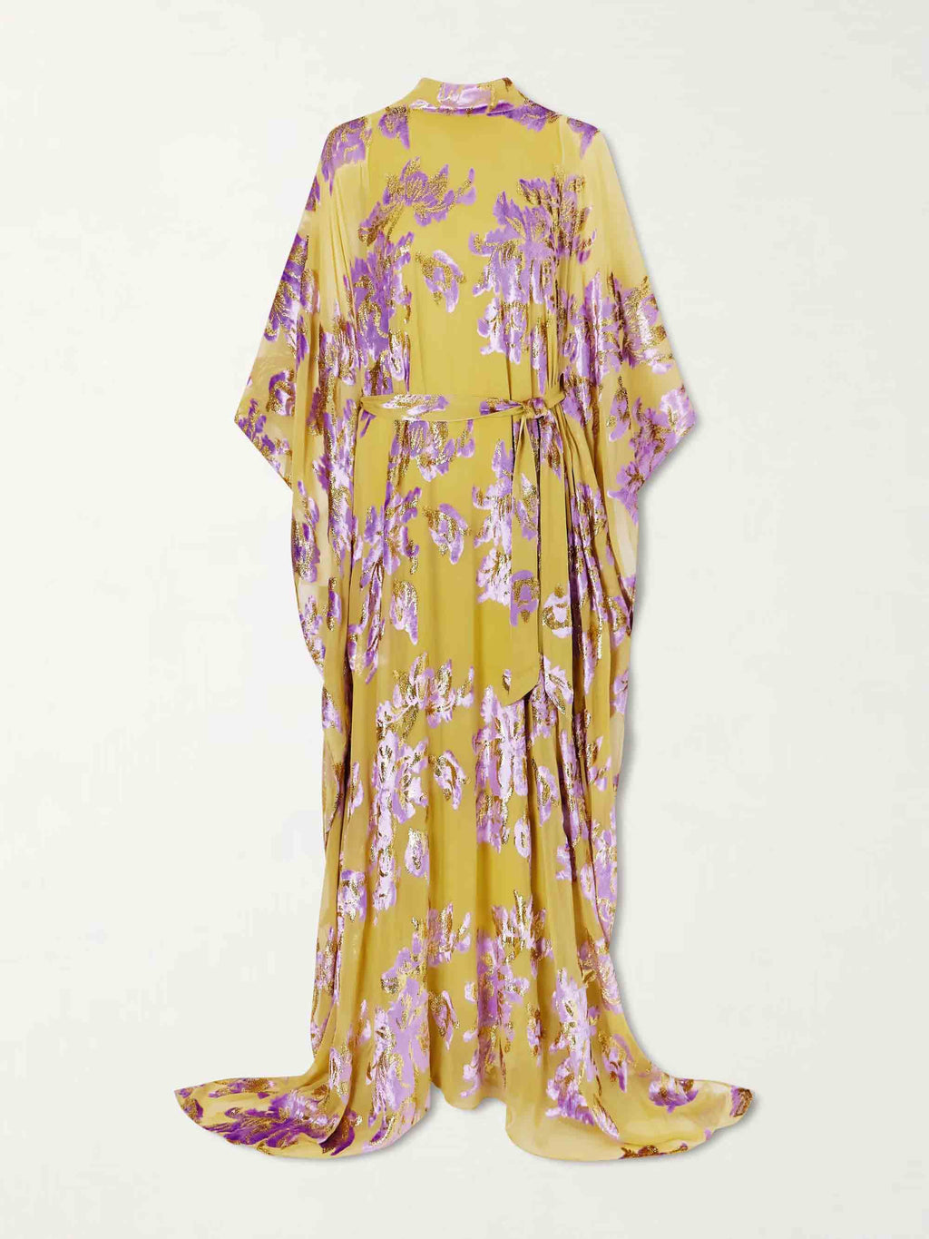 Elegant High Neck Flocked Floral Tie-Waist Kaftan Dress
