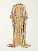 Elegant High Neck Flocked Floral Tie-Waist Kaftan Dress