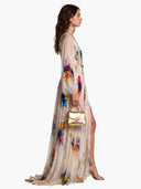 Deep V-Neck Puff Sleeve Printed Maxi Dress