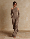 Elegant Asymmetric Ruched Wide-Leg Jumpsuit