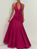 Elegant Halter Neck Ruched Pleated Maxi Dress