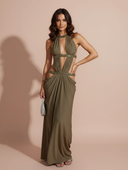 Elegant Rhinestone Halter Cutout Draped Maxi Dress